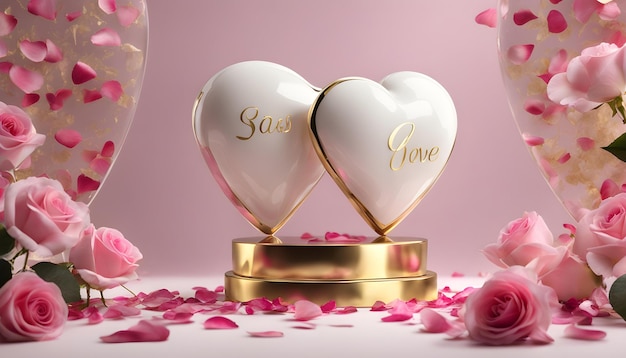 two glass vases with heart shaped flowers on them and a pink background