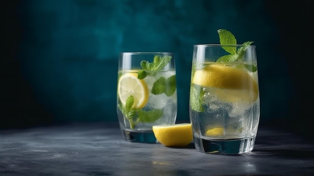 Two glass with lemonade or mojito cocktail with lemon and mint Generative AI