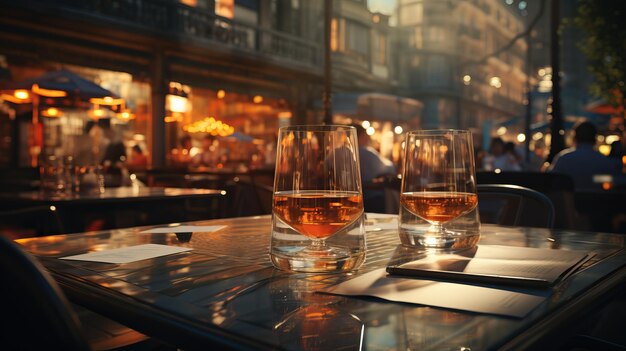 Two glasses of alcohol on a table