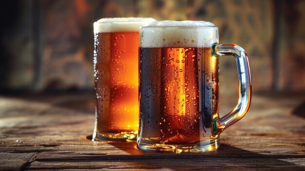 Photo two glasses of amber beer on wooden table