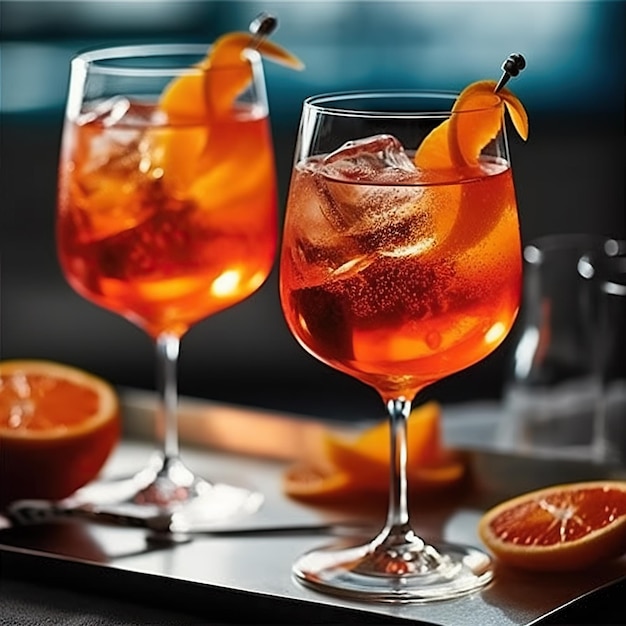 Two glasses of aperol spritz on a table