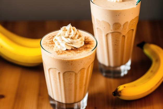 two glasses of banana smoothies with one being a banana