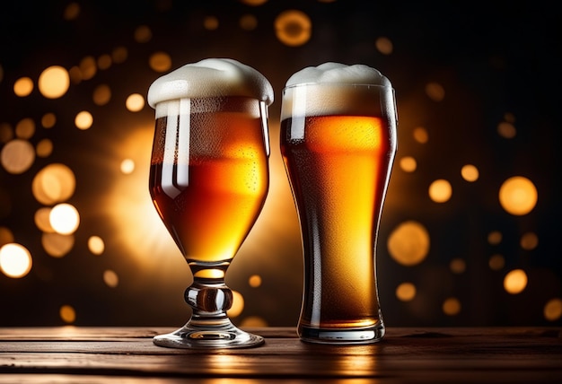 Two glasses of beer on a bar with lights in the background.