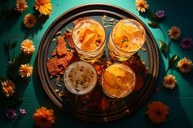 Photo two glasses of beer and chips on a wooden background closeup food drinks celebration party