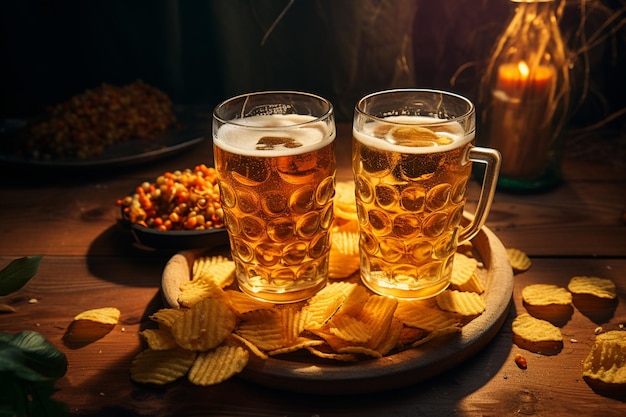 Two glasses of beer and chips on a wooden background Closeup Food drinks Celebration party