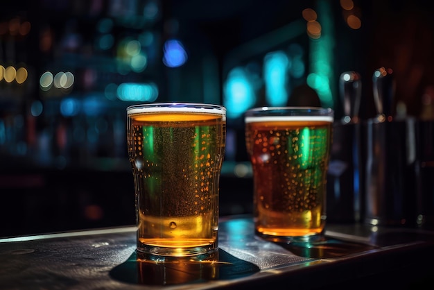 Two glasses of beer sit on a bar counter, one of which is labeled beer.