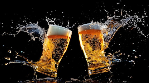 two glasses of beer toasting creating splash