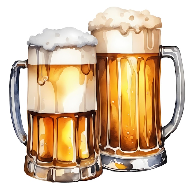 Two glasses of beer with foam Watercolor hand painted isolated illustration on white background