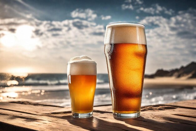 two glasses of beer with the sun behind them