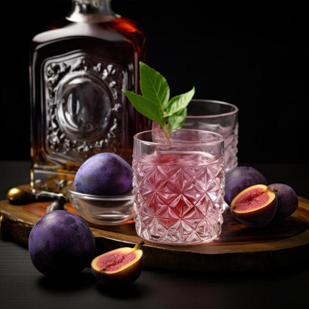 Two glasses of black plum liquor and fresh ripe figs on a black background