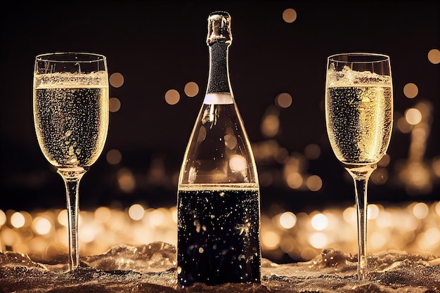 Two glasses and a bottle of champagne at night on New Year39s Eve with beach background and fireworks in the sky