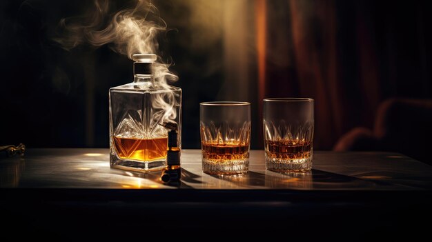 Photo two glasses and bottle of whiskey on a wooden table