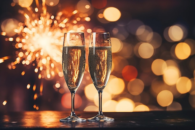 Two glasses of champagne against the background of fireworks