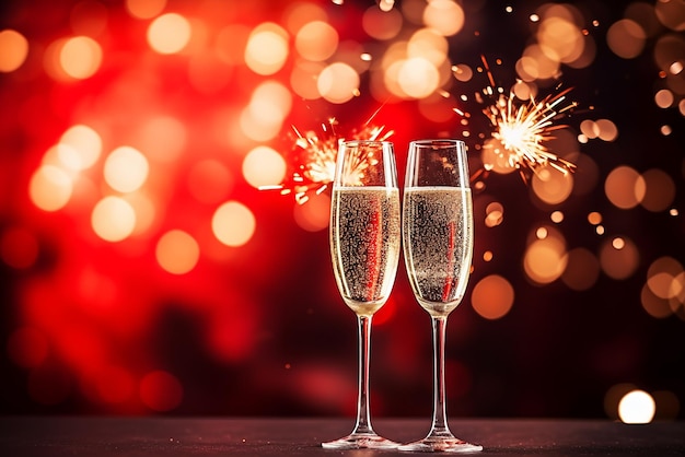 Two glasses of champagne against the background of fireworks