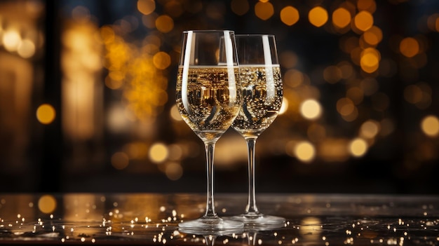 Two glasses of champagne on a background of Christmas garlands an idea for a postcard