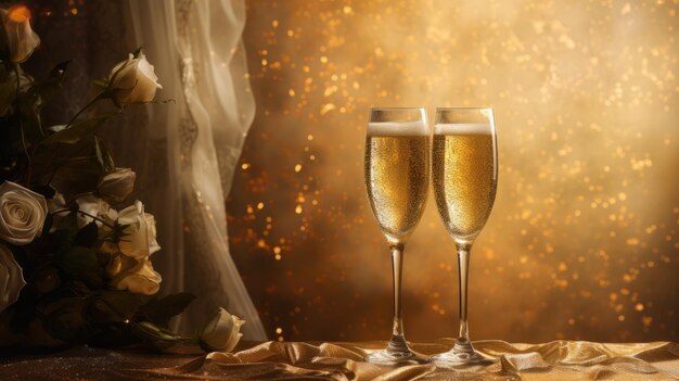 Two glasses of champagne over blur spots lights background Celebration concept AI