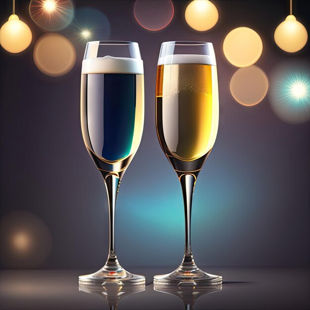 Two glasses of champagne over blur spots lights background celebration concept