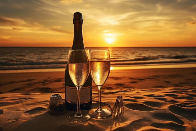 아름다운 일몰의 해변에 있는 샴페인 두 잔과 병 일몰의 모래 위에 있는 샴페인 병과 두 잔 AI 생성