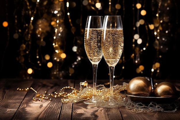 Foto due bicchieri di champagne e candele di natale su uno sfondo nero concetto di capodanno