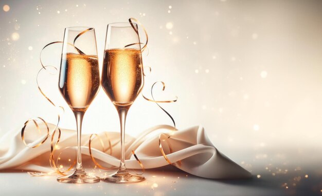 Two Glasses of champagne Christmas happy new year background with copy space AI generative