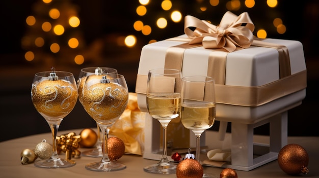 Two glasses of champagne and gift box with gold ribbon on the background of Christmas lights