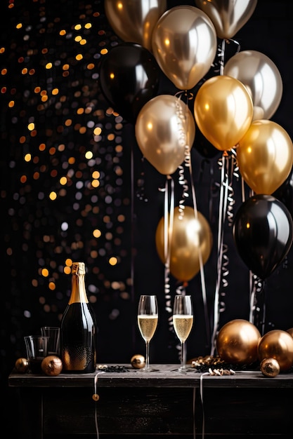 Two glasses of champagne on the table in a festive setting with golden balloons