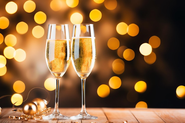 Два бокала шампанского на столе, новогоднее шампанское, рождественский фон.