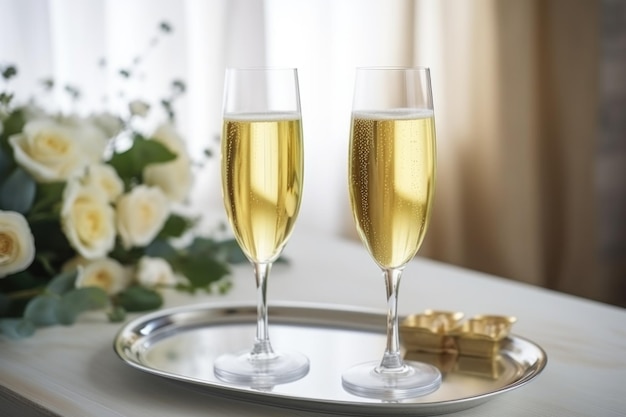 Two glasses of champagne toasting on a table