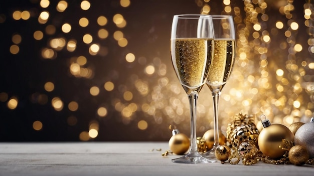 two glasses of champagne with a christmas tree in the background