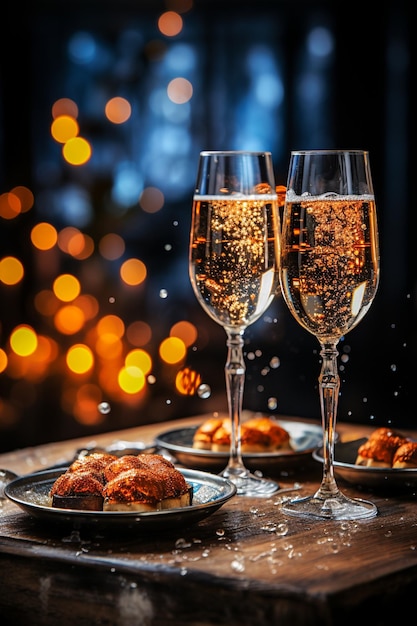 Two glasses of champagne on a wooden table against a background of golden Christmas garlands