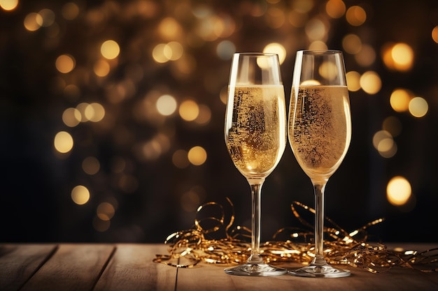 two glasses of champagne on wooden table with bokeh balls background