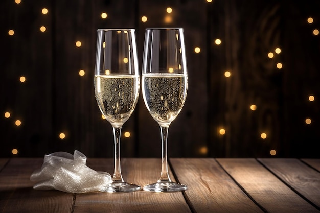 Two glasses of champagne on a wooden table with lights behind them