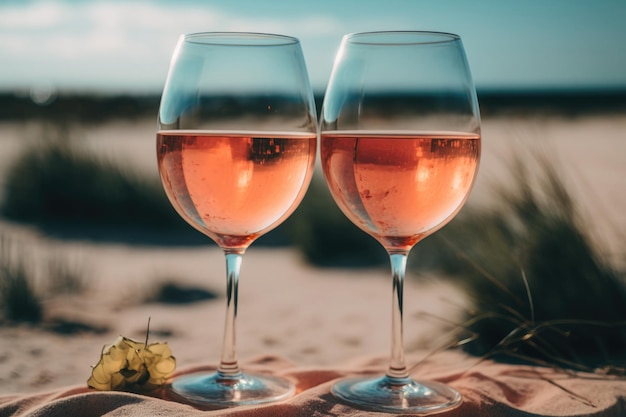 Два бокала охлажденного розового вина летом Иллюстрация Генеративный AI
