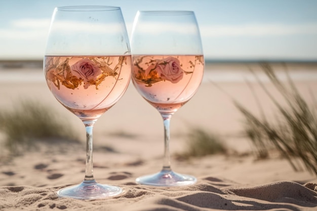 Foto due bicchieri di vino rosato refrigerato in estate ai generativa