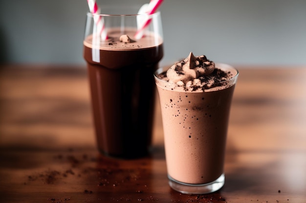 Due bicchieri di frappè al cioccolato su un tavolo di legno.