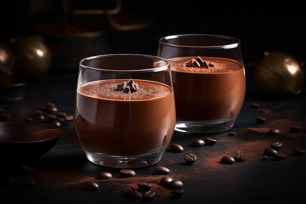 Два стакана шоколадных молочных коктейлей с кофейными зернами на боку.