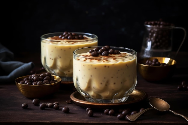 Two glasses of chocolate pudding with chocolate chips on a dark background.