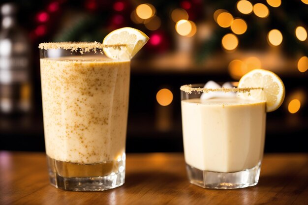 Two glasses of christmas cocktails on a bar