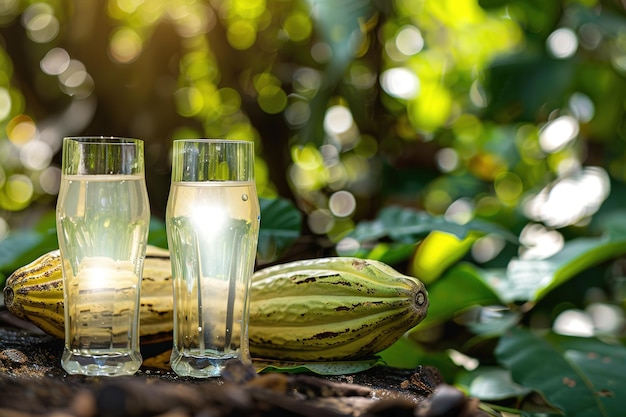 Photo two glasses of clear cacao liquid beside a cacao pod in a lush forest