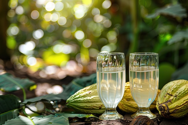 Two glasses of clear cacao water amid cacao pods in a lush setting