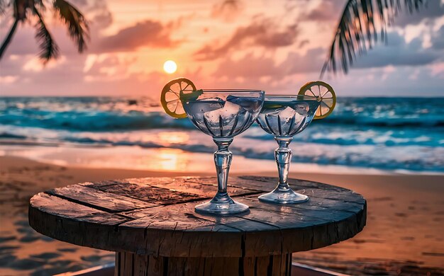 Two glasses of cocktail with ice and lemon on the beach at sunset