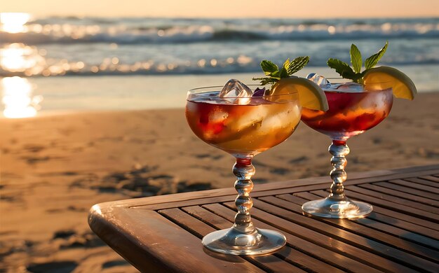 Two glasses of cocktail with ice and lemon on the beach at sunset