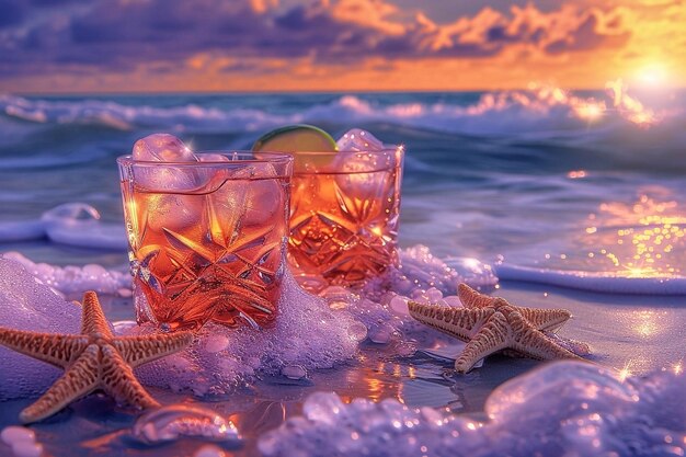 Two glasses of cocktails with ice on the seashore at sunset