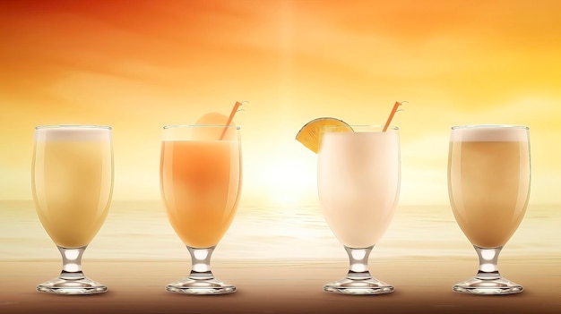 Two glasses of cocktails with a orange background and a yellow sunset in the background.