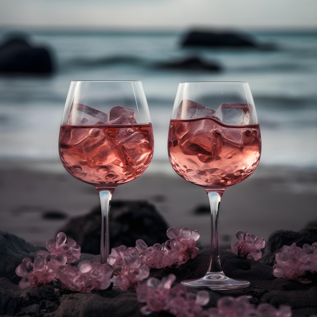 Two glasses of cold rose wine with ice on sandy beach in the early evening close up Holiday concept Hot summer time at the sea shore Romantic picnic on the beach with iced rose champagne AI