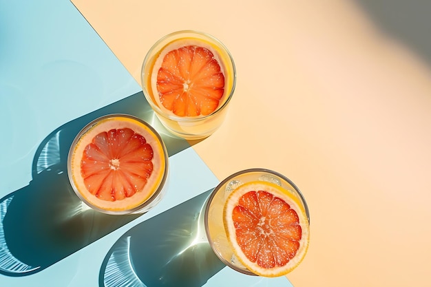 Two glasses of drink with slices of fresh grapefruit against bright beige and blue b Generative AI