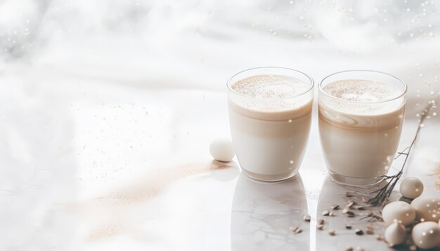 Two glasses of a drink with a white foam on top