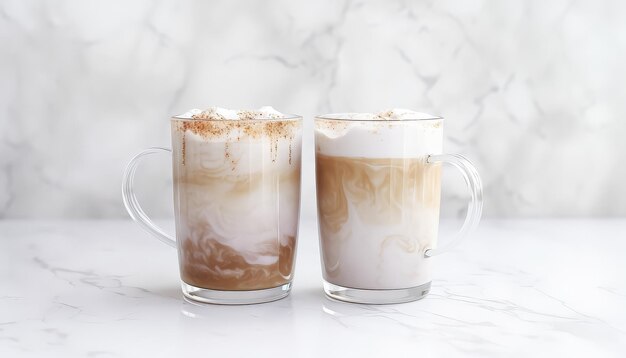 Two glasses of a drink with a white foam on top