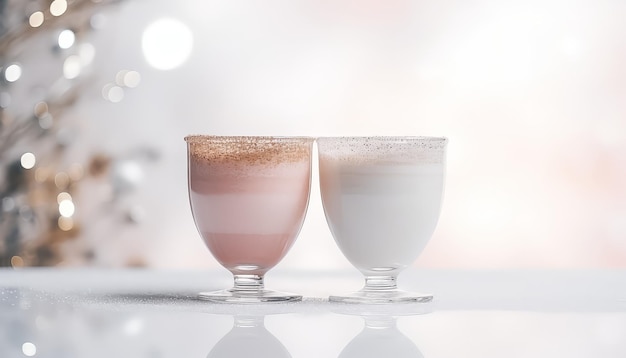 Two glasses of a drink with a white foam on top