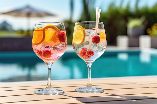 Two Glasses of Drinks by Pool